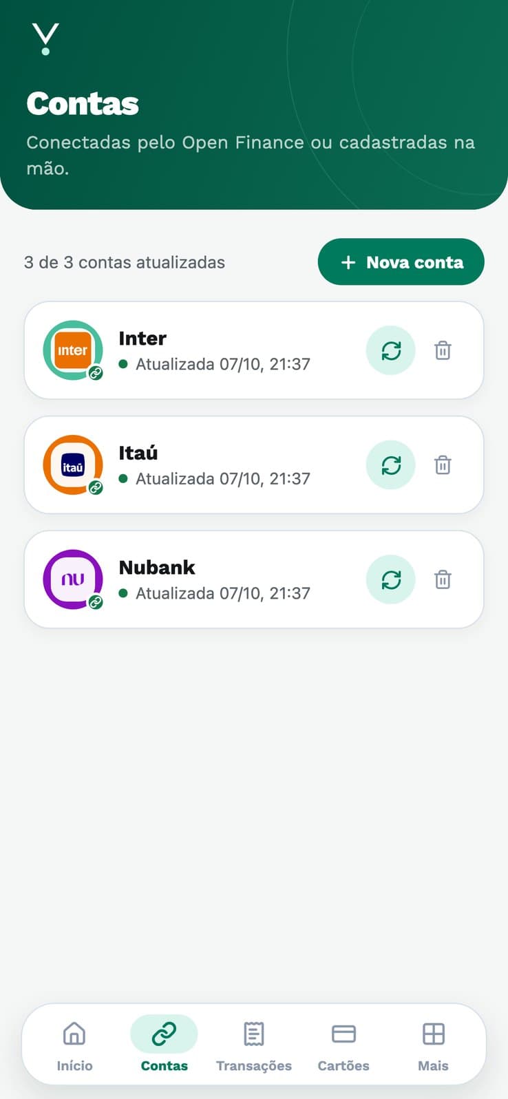 Tela Contas da verfin mostrando bancos conectados via Open Finance, todos atualizados